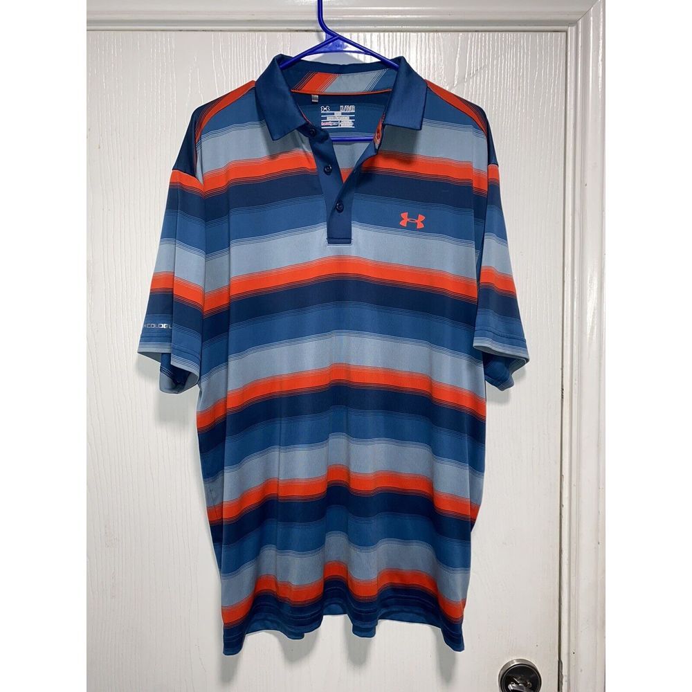 Under Armour HeatGear Golf Shirt XL Loose Coldblack Blueβ Striped